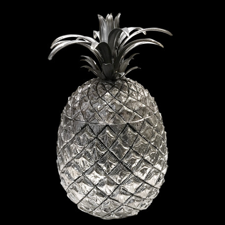 Seau ananas XXL argenté Mauro Manetti Signé H 39 Ø 24 cm intérieur blanc circa 1970