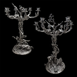 Pair of silver-plated bronze candelabra with "hunting" decoration
