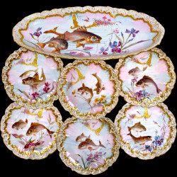 Service à poisson en porcelaine de Limoges peinte à la main, Grand Dépôt Paris, E. Bourgeois, XIXe