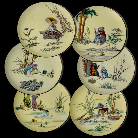 Set of 6 plates, Scenes with Mice, Vieillard Bordeaux, Hokusai