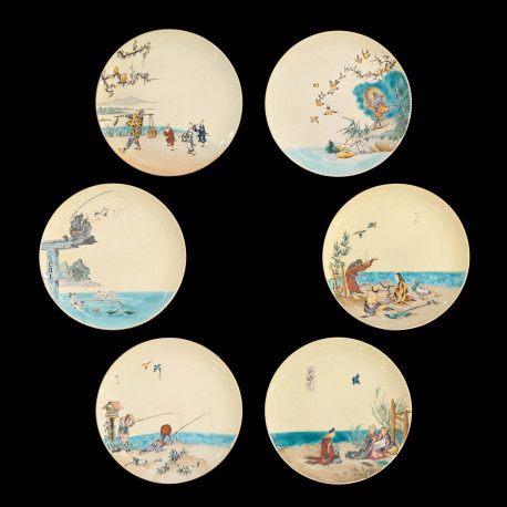 Plates with Japonism scenes, enameled earthenware, Vieillard manufactory, circa 1880