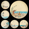 Plates with Japonism scenes, enameled earthenware, Vieillard manufactory, circa 1880