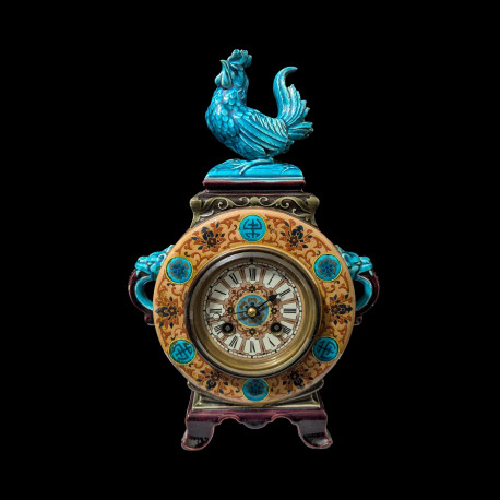 Pendule japonisante en faïence polychrome, manufacture Vieillard Bordeaux circa 1880