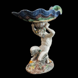 Large polychrome majolica tazza with a faun supporting a shell France 19th century