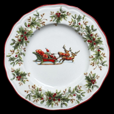Majolica Santa Claus' sleigh dessert plate Red nose