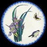 Majolica soup plate purple iris, butterfly and sparrow 