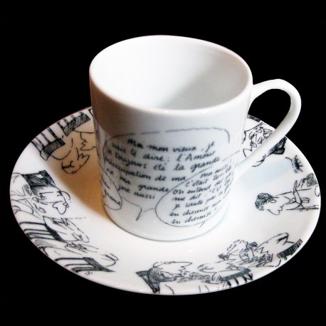 Coffee cup and saucer, four black gift boxes