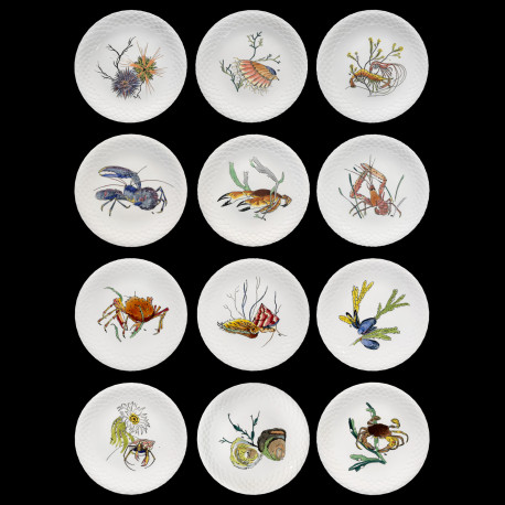 12 dinner plates shellfishes "Grands Crustacés", Gien earthenware, 1961