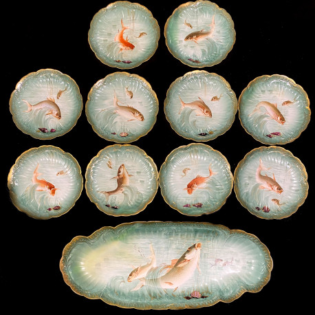 10 assiettes avec plat poissons fond mer bleu turquoise Limoges XIXe